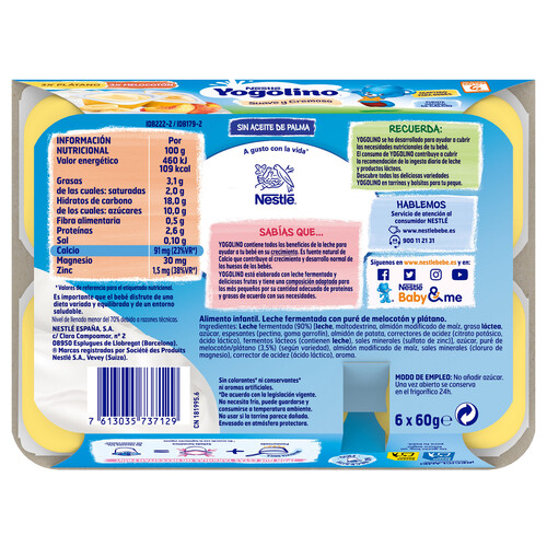 Postre lácteo de plátano (3) y melocotón (3), adaptado para bebés a partir de 6 meses YOGOLINO Nestlé 6 x 60 g.