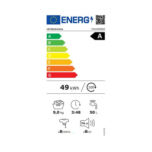 Lavadora LG F4A1009NDK 9KG, Silver grafito, clasificación energética: A, 1400RPM, H: 85cm, A: 60cm, F: 49cm.