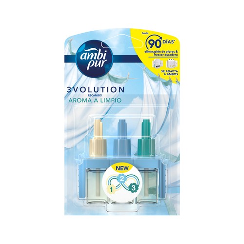 AMBIPUR Recambio para ambientador eléctrico con aroma limpio 3 uds. 20 ml.