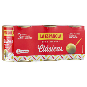 Imagen de LA ESPAÑOLA Aceitunas verdes rellenas de anchoa LA ESPAÑOLA Clásicas pack de 3 latas de 50 g.