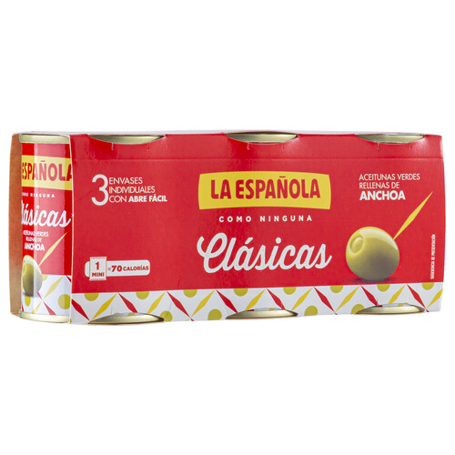 LA ESPAÑOLA Aceitunas verdes rellenas de anchoa LA ESPAÑOLA Clásicas pack de 3 latas de 50 g.