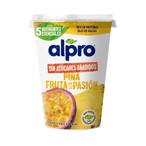 ALPRO Especialidad de soja, con fermentos del yogurt y trocitos de piña y fruta de la pasión 500 g.