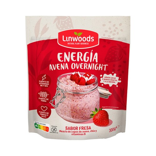 LINWOODS Avena y semillas de Chia, con sabor a fresa, lista para añadir leche o bebida vegetal 300 g.
