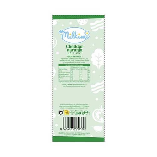 MILKIMI Queso cheddar rallado MILKIMI 150 g.