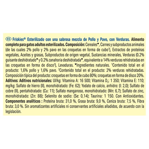 FRISKIES Pienso para gatos esterilizados a base de pavo y verduras 1,5 kg