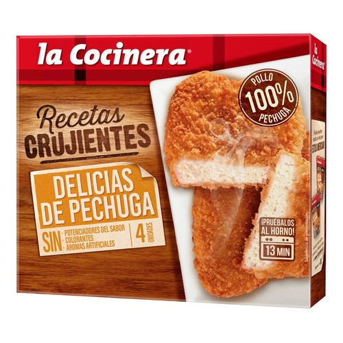 LA COCINERA Pechugas de pollo empanadas, prefritas y ultracongeladas Recetas crujientes 330 g.