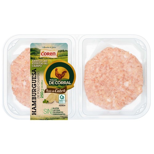 Bandeja con hamburguesas de pollo campero con rulo de cabra COREN 2 x 125 g.