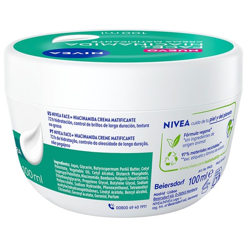 NIVEA Face+ Crema facial hidratante y matificante, para pieles mixtas y grasas 100 ml.