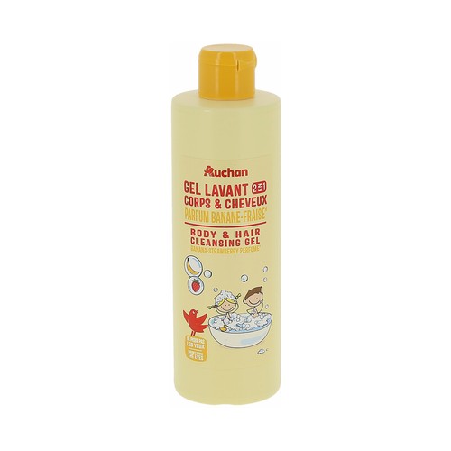 PRODUCTO ALCAMPO Gel y champú infantil para cuerpo y cabello con aroma a plátano y fresa 250 ml.