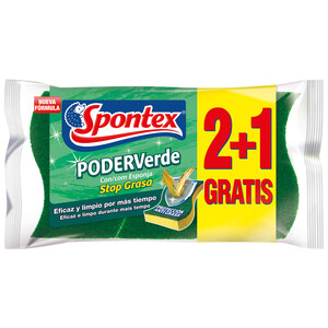 Imagen de SPONTEX Estropajos de fibra con esponja SPONTEX PODER VERDE 2 +1 uds.