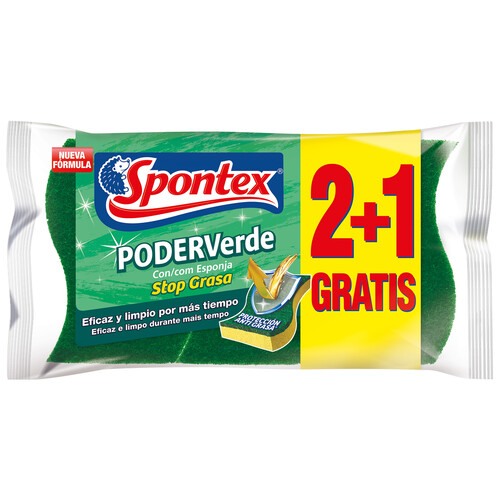 SPONTEX Estropajos de fibra con esponja SPONTEX PODER VERDE 2 +1 uds.