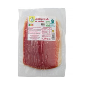 PRODUCTO ECONÓMICO ALCAMPO Jamón curado (7 meses de curación) cortado en lonchas 250 g.