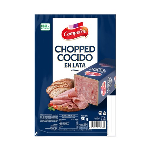 CAMPOFRÍO Chopped de cerdo cocido en lata y cortado en lonchas 80 g.