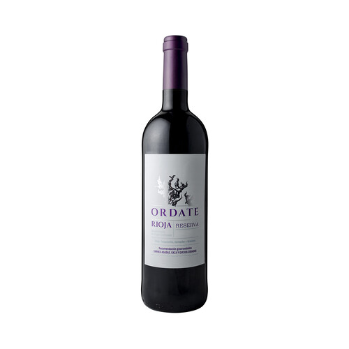 Vino tinto reserva con denominación de origen calificada Rioja ORDATE botella de 75 cl.
