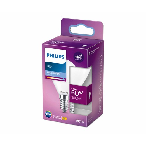 Bombilla Led E14, 6,5W=60W, luz fría 6500K, 806lm, PHILIPS.
