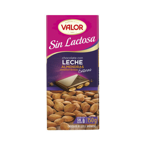 Chocolate con leche y almendras, sin lactosa y sin gluten VALOR 150 g.