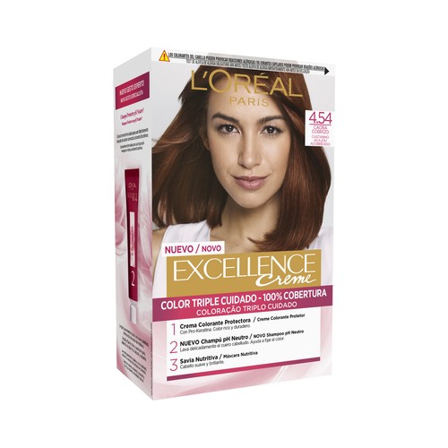 Tinte de pelo permanente tono 4.54 Caoba cobrizo L´ORÉAL PARIS Excellence creme.