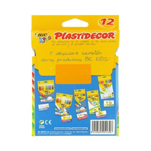 Caja de 12 pinturas extra-resistentes y que no manchan las manos, de diferentes colores, PLASTIDECOR.