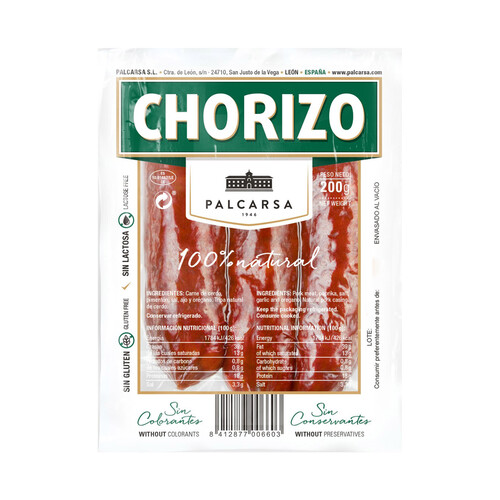 Chorizo de León 100% natural PALCARSA 200 g.
