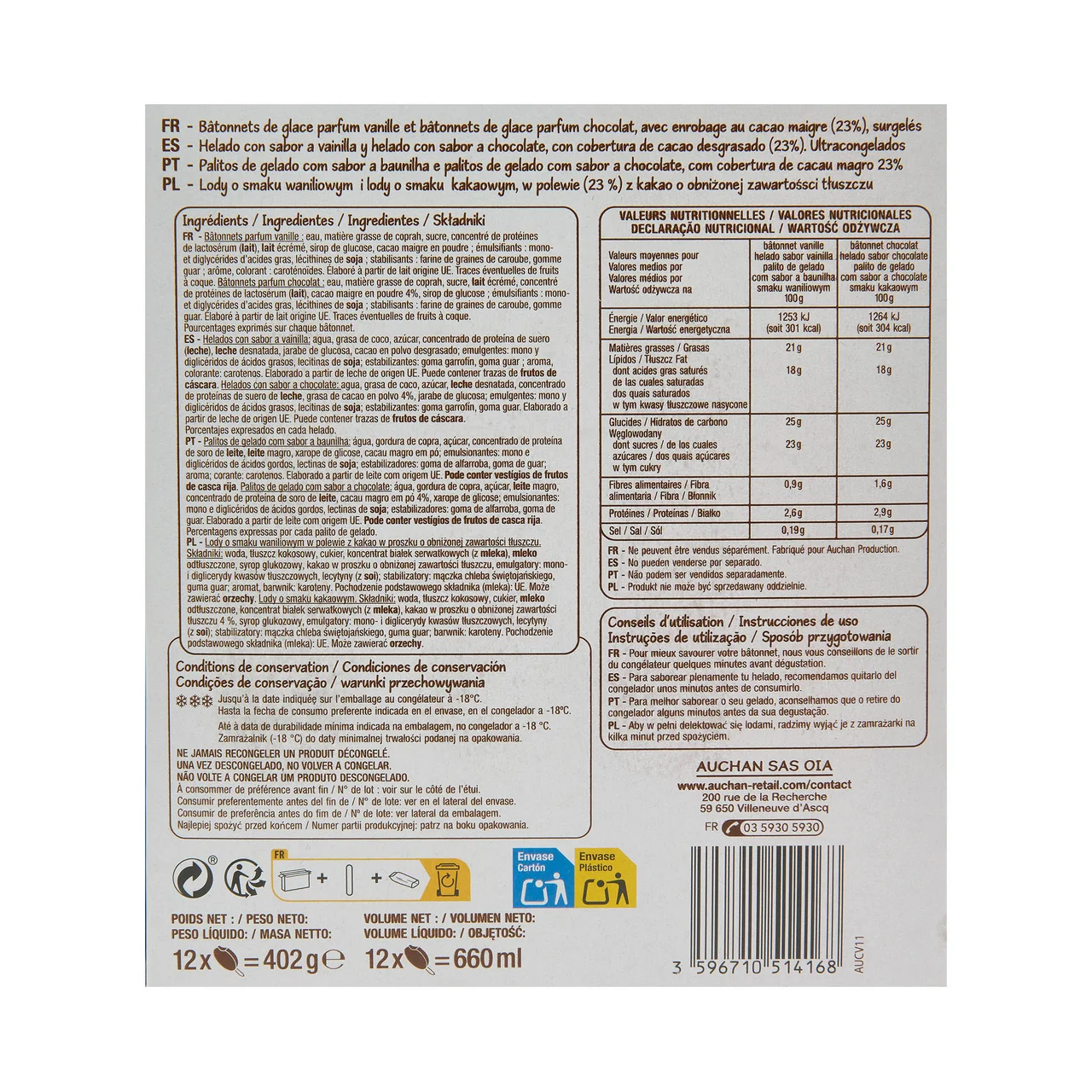 PRODUCTO ECONÓMICO ALCAMPO Mini helados de vainilla (6) o chocolate (6) 12 uds.
