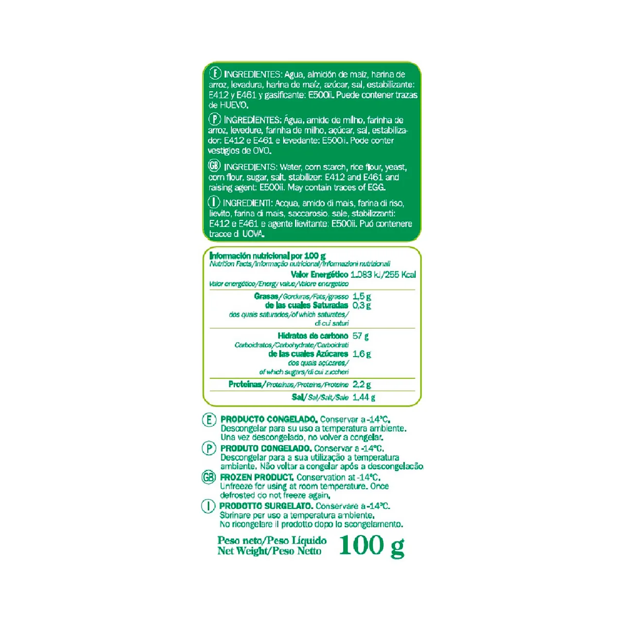 Baguetina sin gluten de pan congelado 100 g.