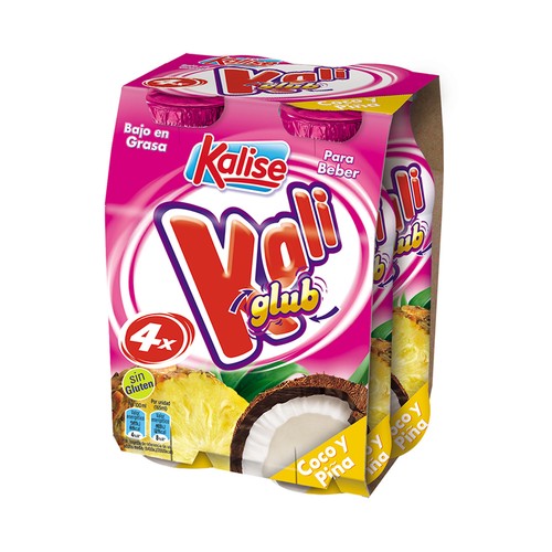 KALISE Yogur líquido con coco y piña, sin gluten y bajo en grasa  Kaliglub 4 x 165 ml.