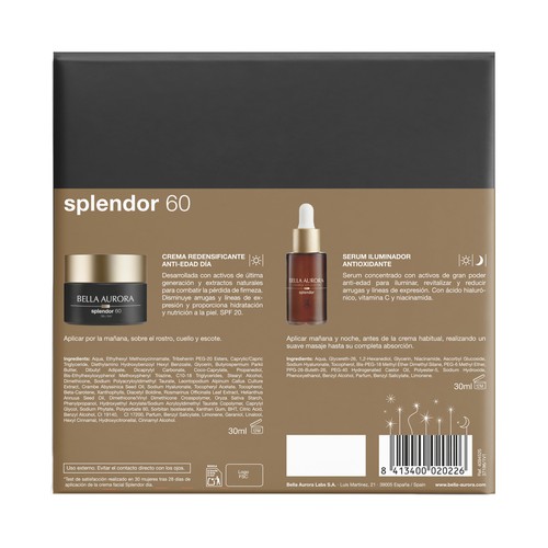 BELLA AURORA Splendor 60 Estuche con sérum iluminador (30 ml) y crema redensificante anti-edad (30 ml).