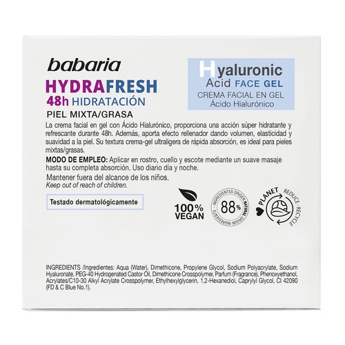 BABARIA Hydrafresh Crema de día hidratante (48 horas), con ácido Hialurónico para pieles mixtas a grasas 50 ml.