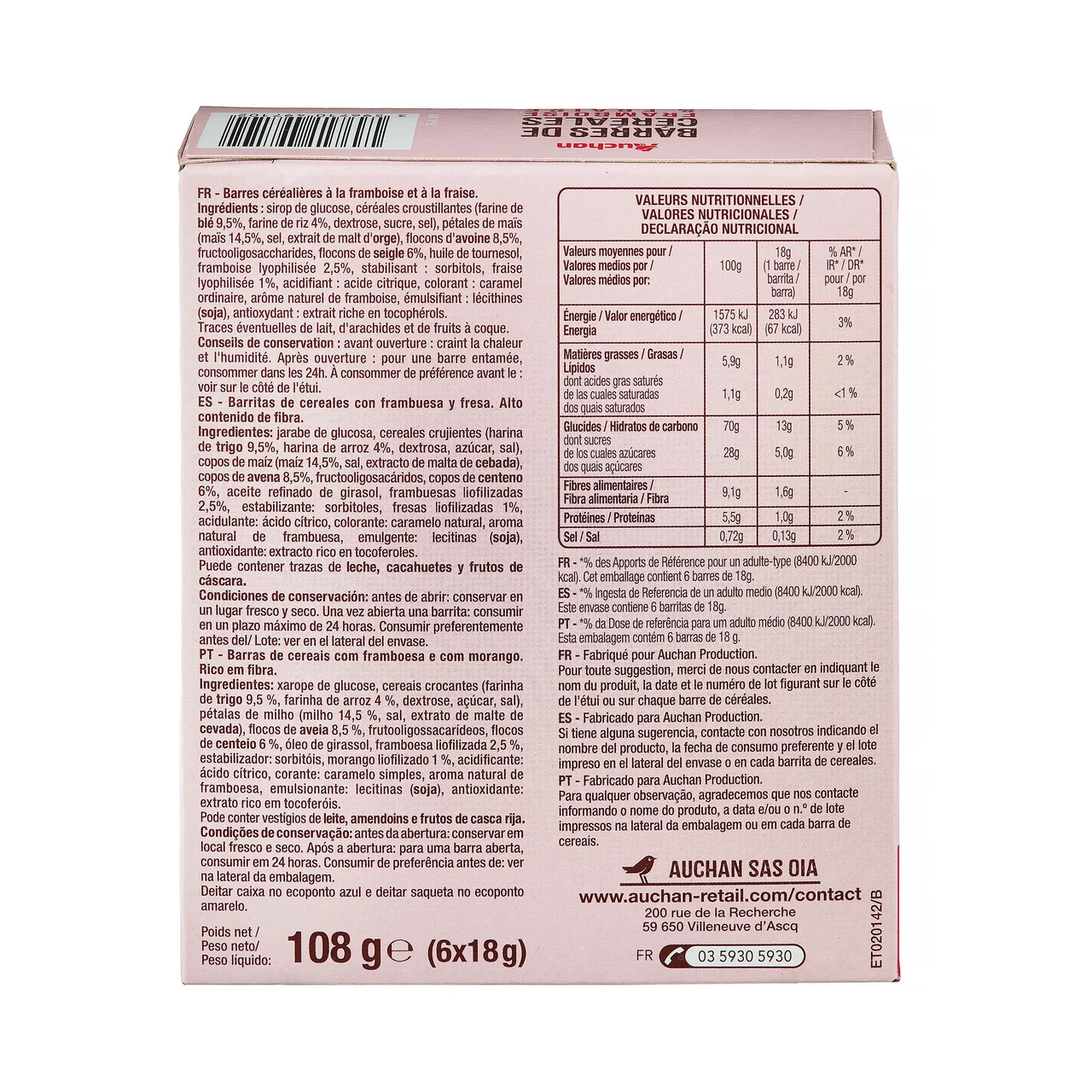 PRODUCTO ALCAMPO Cereales en barrita con trozos de frutas rojas 6 uds. x 21 g.