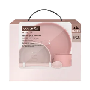 SUAVINEX Selection Vajilla infantil rosa de silicona (suave y flexible) para bebés de + 4 meses.