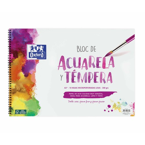 Bloc de dibujo de acuarela y témpera tamaño A3+, papel 300gr. OXFORD.