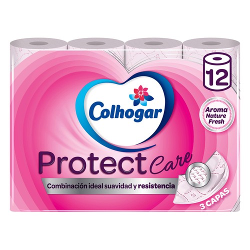 COLHOGAR Papel Higiénico Protect rosa tres capas 12 uds.