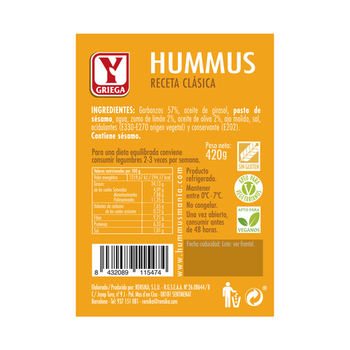 YGRIEGA Hummus receta clásica con alto contenido en fibra YGRIEGA 420 g.