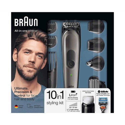 Set de arreglo personal 10 en 1 BRAUN MGK7021, sin cable, uso en seco, para cara, cuerpo y cabello.