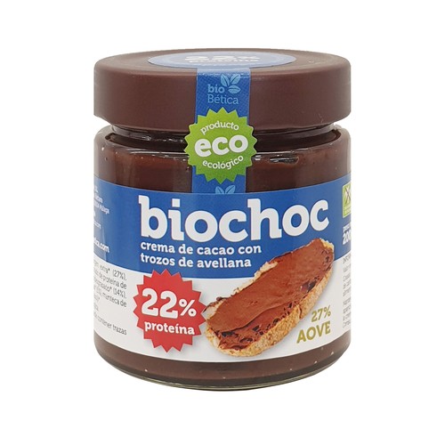 BIOCHOC Crema de cacao con trozos de avellana, 27 % aceite de oliva virgen extra ecológica 200 g.