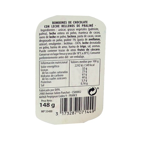 JACQUART Huevitos de chocoalte con leche, rellenos de praliné 148 g.