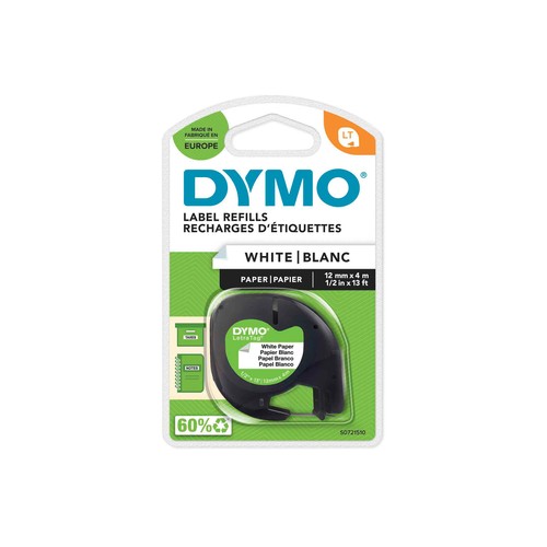 Cinta para rotulación, etiquetado e identificación de plástico blanco medidas 4m x 12mm DYMO.