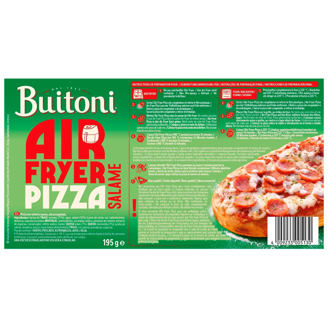 Air fryer Pizza congelada de salami y queso, especial freidora de aire 195 g.