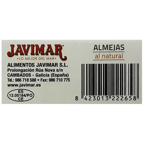 JAVIMAR Conserva de almejas al natural elaboradas en fresco lata de 63 g.