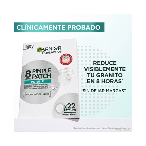 GARNIER Pure active Parches anti-granos (10 y 12 mm) invisibles 8 horas 22 uds.