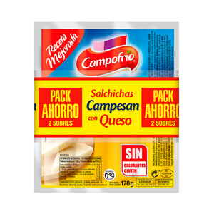 Imagen de CAMPOFRÍO Salchichas de pollo, pavo y cerdo, tipo Frankfurt cocidas, ahumadas y con queso CAMPOFRÍO Campesan 2 x 170 g.