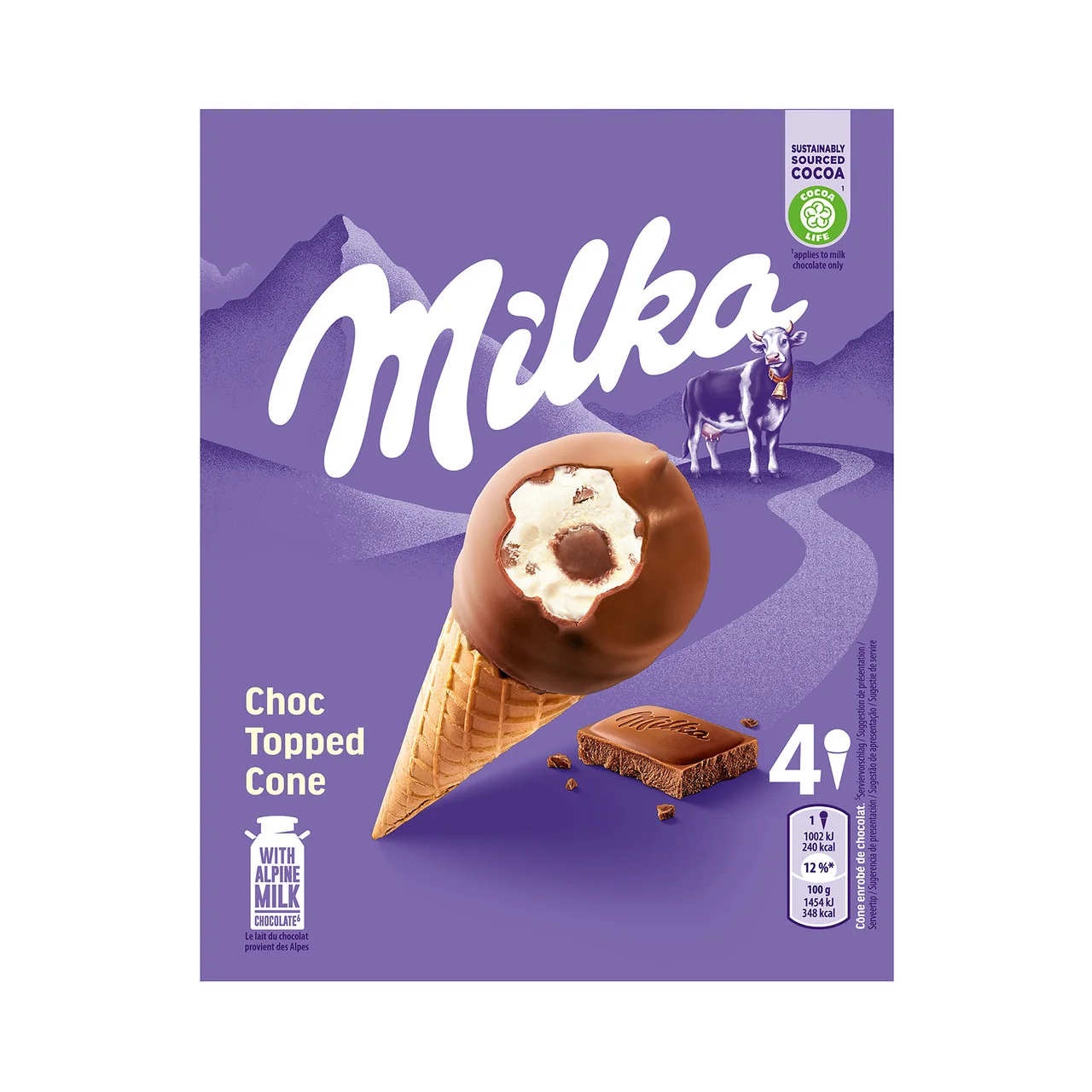 Cono de helado de vainilla con corazón de avellana, recubierto de chcolate con leche 4 x 100 ml.