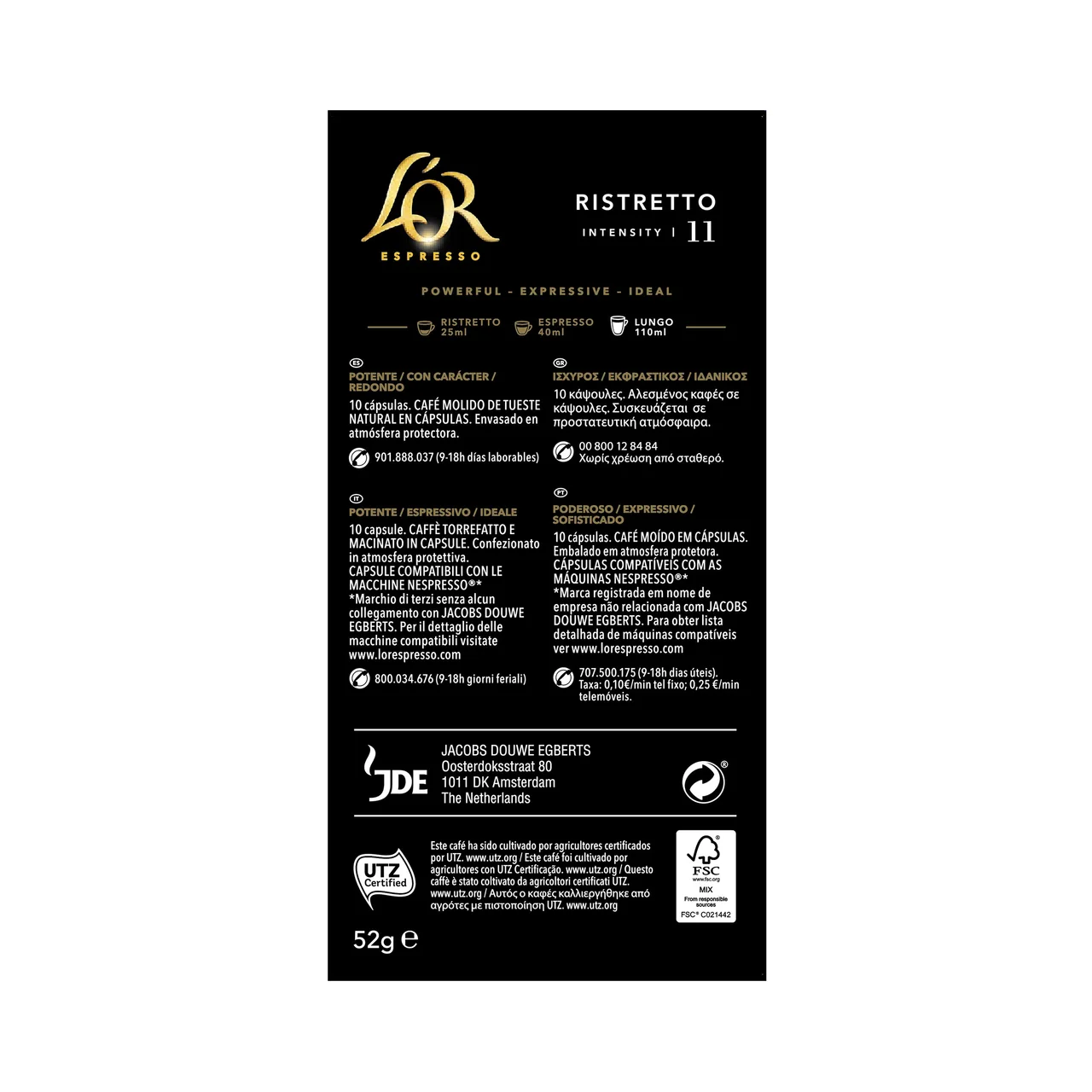 L"OR ESPRESSO  Café en cápsulas Ristretto I11, 10 uds.