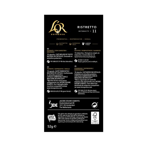 L"OR ESPRESSO  Café en cápsulas Ristretto I11, 10 uds.