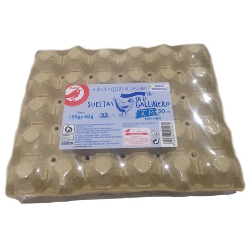 AUCHAN Huevos de gallinas sueltas en el gallinero categoría A y clase M 30 uds. Producto Alcampo.