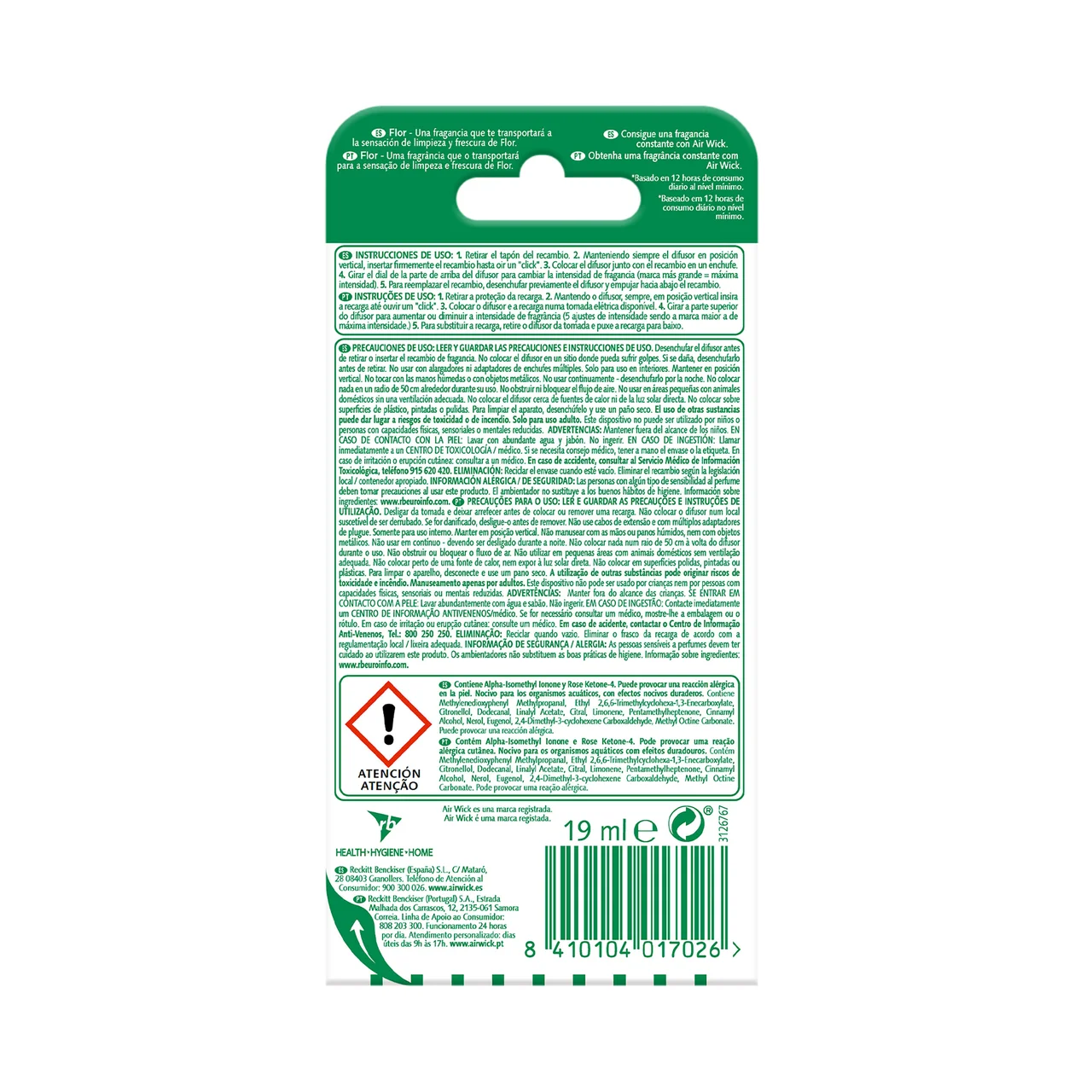 AIR WICK Recambio ambientador eléctrico aroma frescor ropa limpia de Flor ESSENTIAL OILS 19 ml.