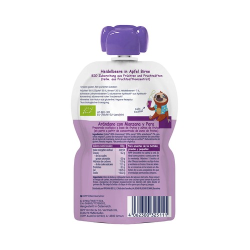 HIPP Bio Bolsita de smoothie de arándanos, con manzana y pera, ecológicas, a partir de 6 meses 120 ml.