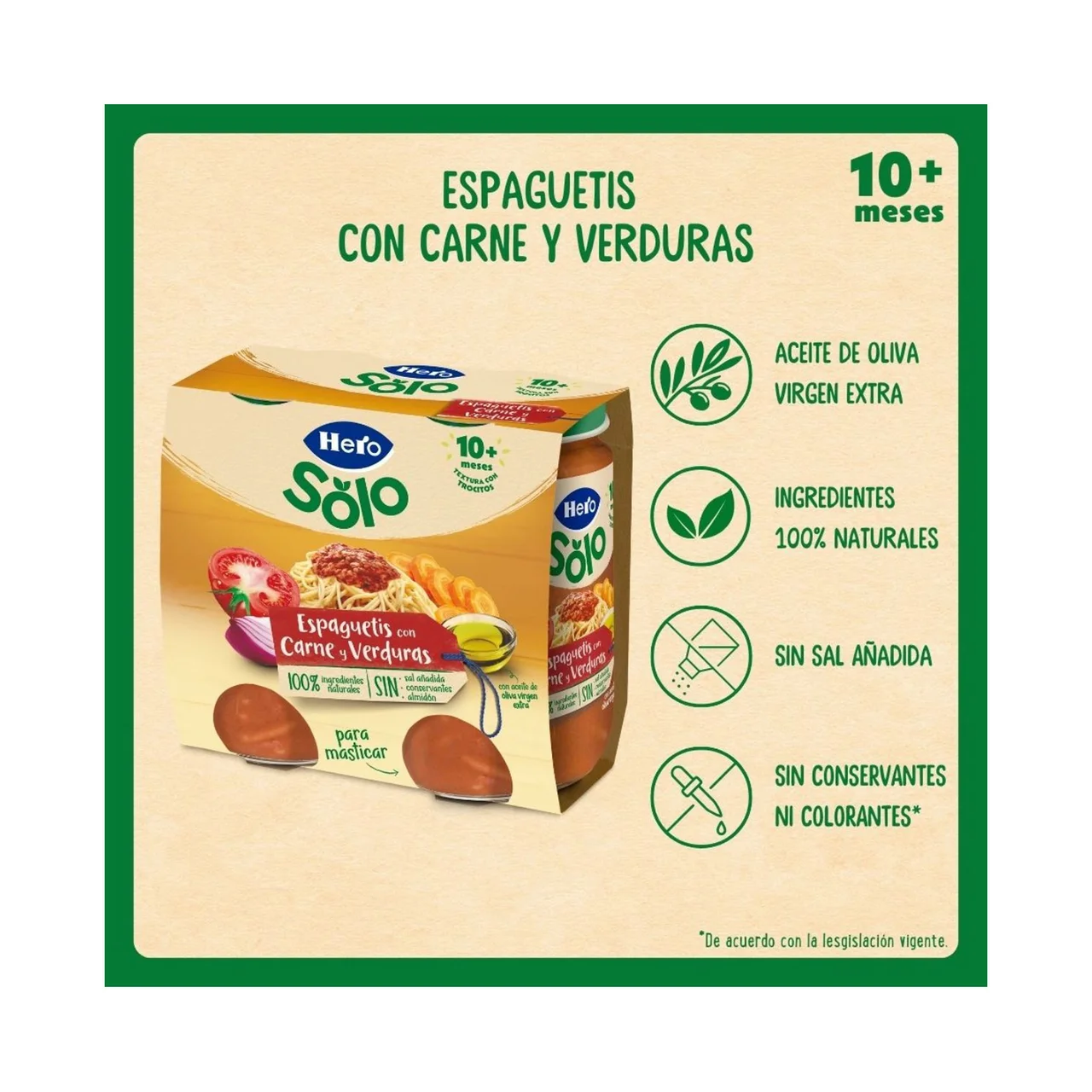 Solo Tarritos de espaguetis con carne y verduras (textura con trocitos), a partir de 10 meses 2 x 235 g.