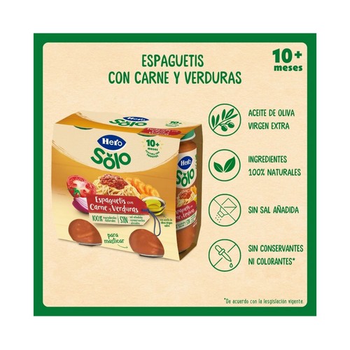 HERO Solo Tarritos de espaguetis con carne y verduras (textura con trocitos), a partir de 10 meses 2 x 235 g.
