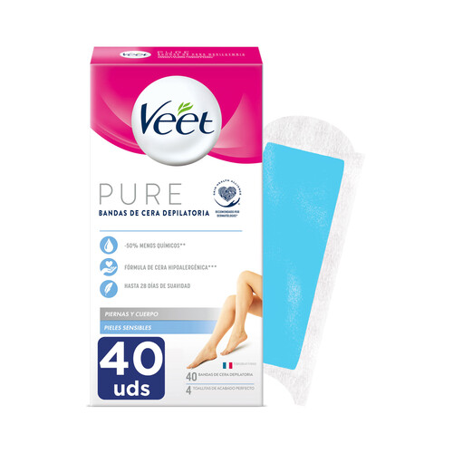 Bandas de cera depilatoria para piernas y cuerpo, especiales piel sensible VEET Pure 40 uds.